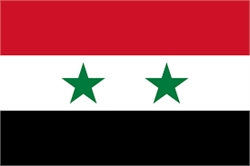 [ai] The national flag of Syria, featuring three horizontal stripes: red at the top, white in the middle with two green stars, and black at the bottom.